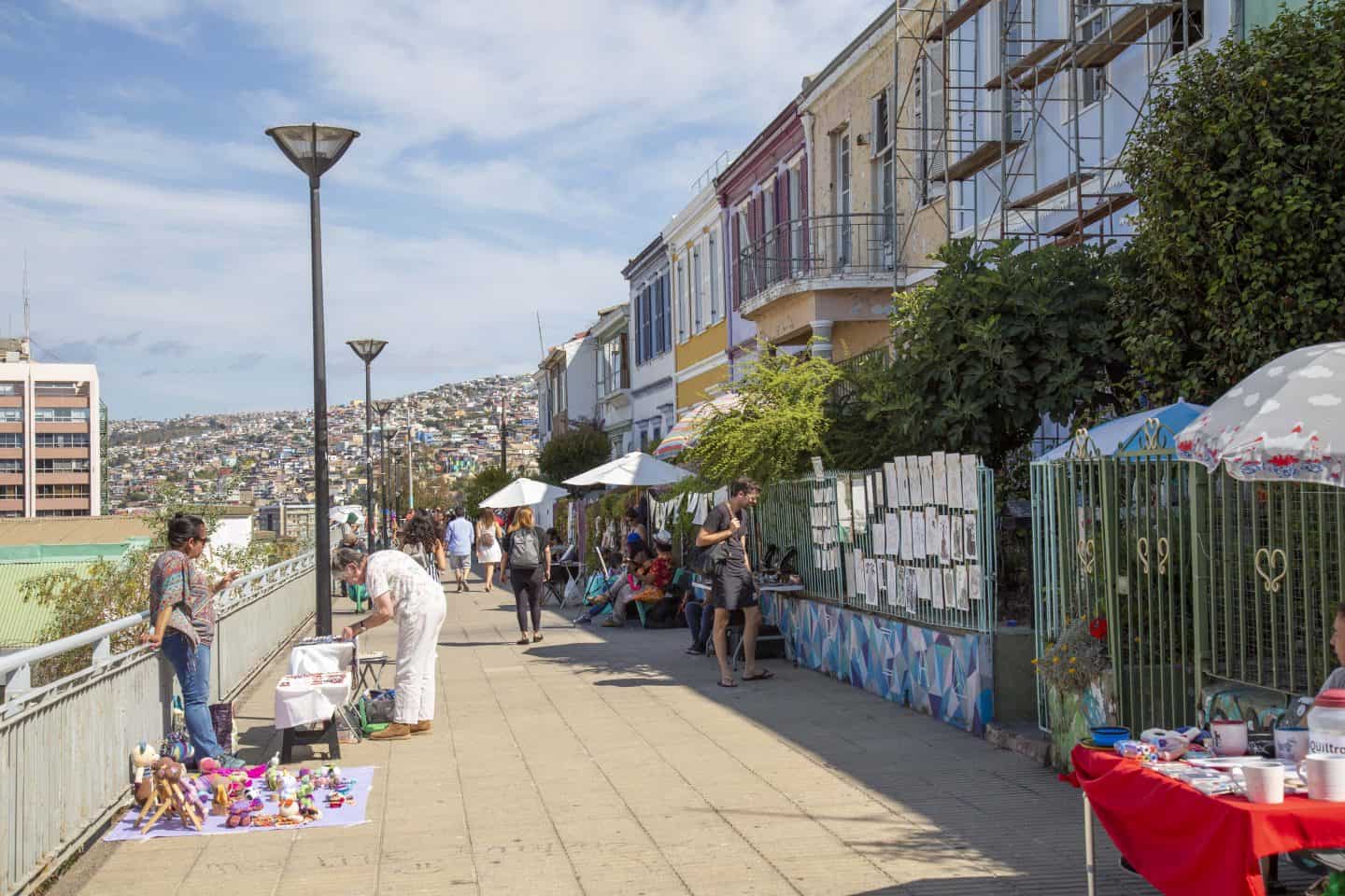 Vendors sell art in Cerro Concepcion, Valparaiso, Chile