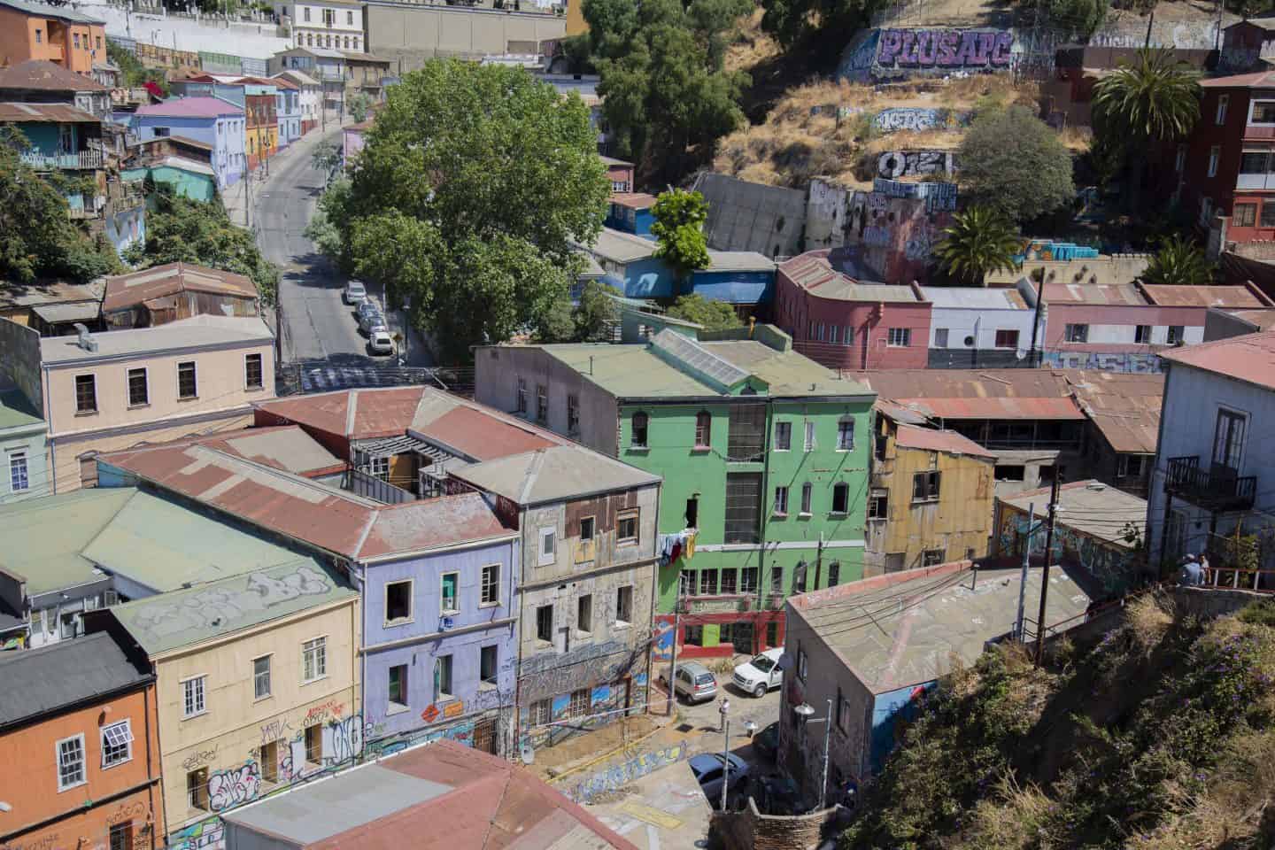 Rows of multi-colored buildings in Valparaiso, Chile