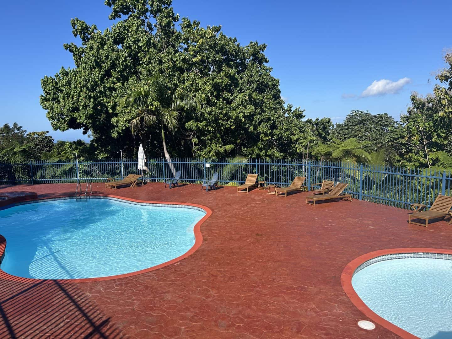 A swimming pool and a small hot tub at El Oasis, a hotel in Aguada, Puerto Rico. There are a few empty pool chairs, and behind the blue fence, many trees are visible.