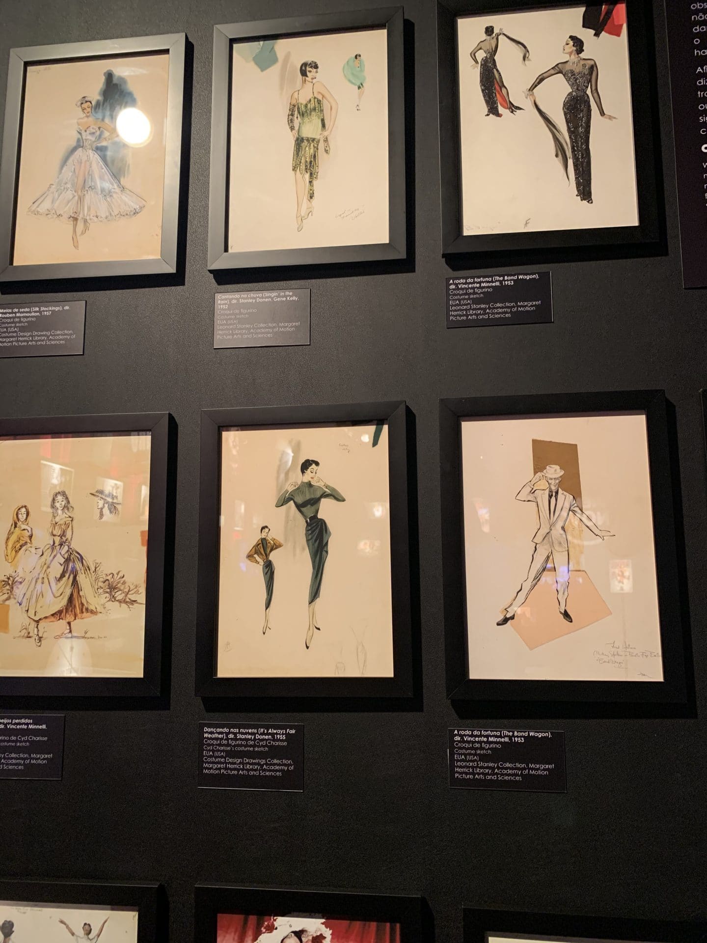 Sketches of costumes from various old musicals displayed at the Museu da Imagem e do Som in São Paulo, Brazil.