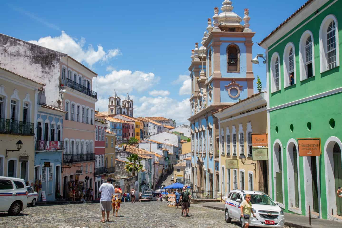 The colorful colonial-style buildings in Pelourinho, the historic center of Salvador, Brazil.