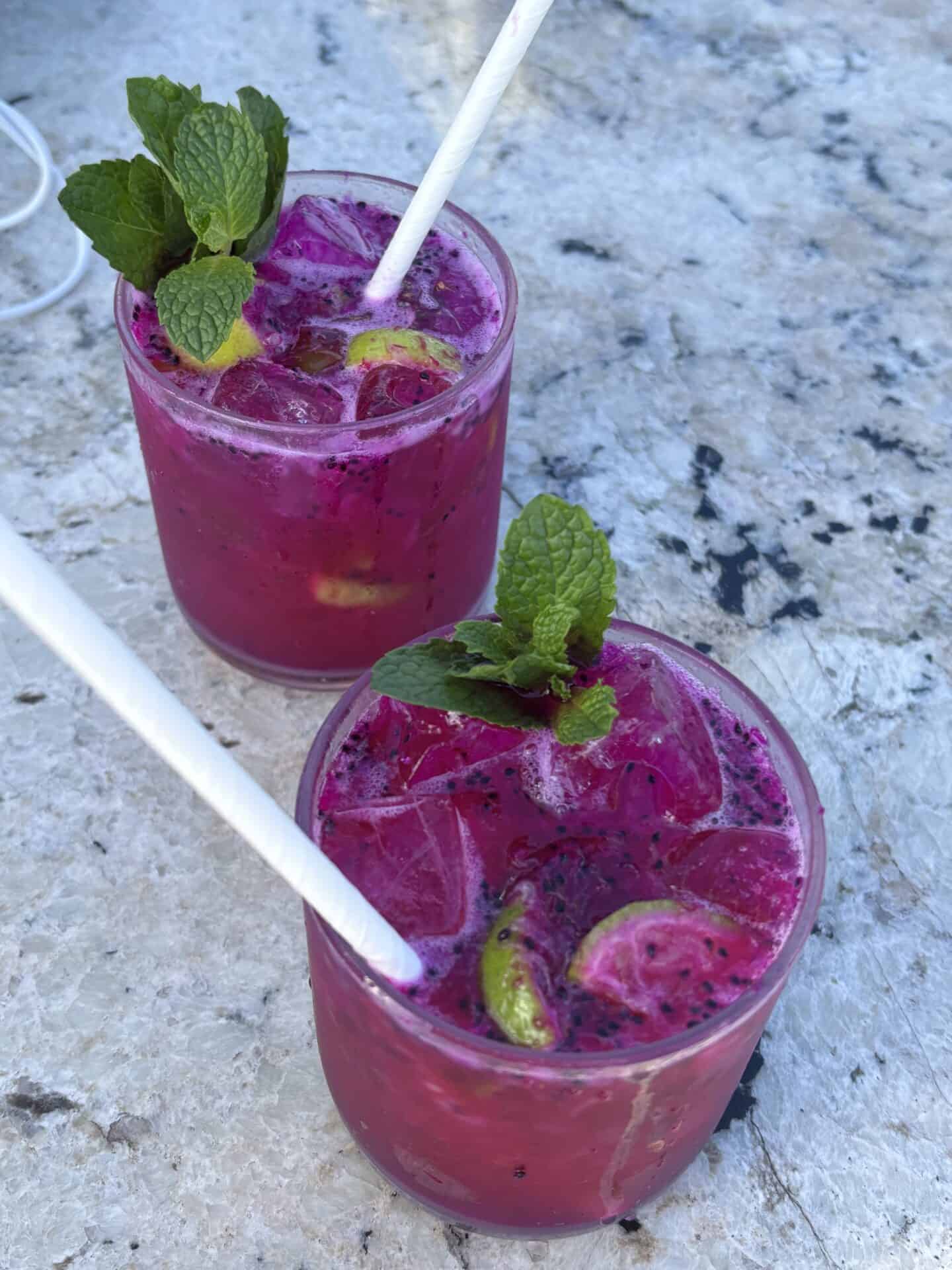 Two purple cocktails with mint and lime from the Windsor Leme Hotel bar in Rio de Janeiro.