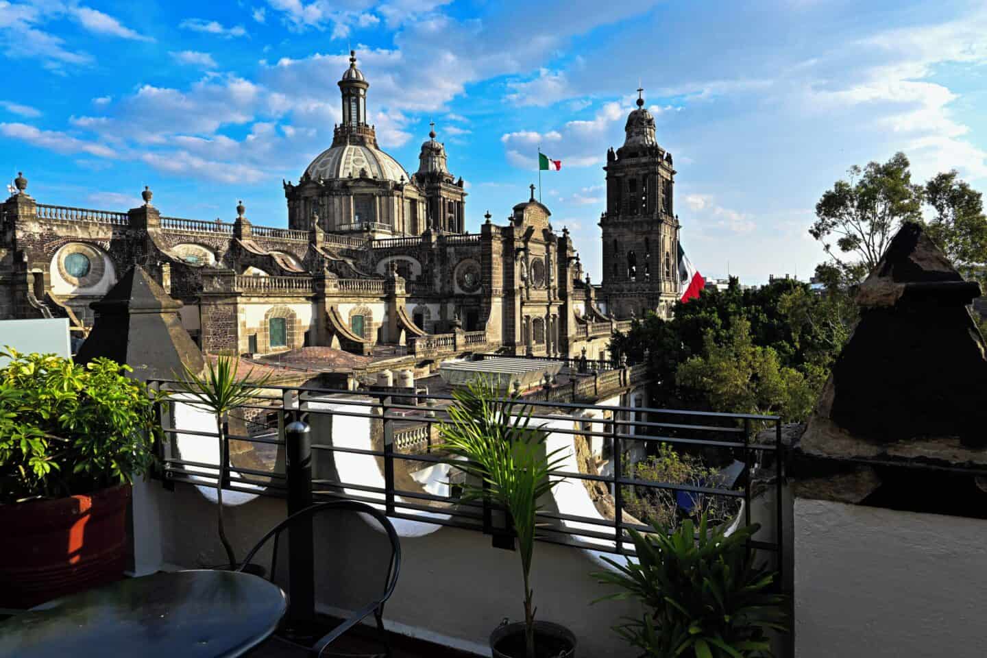 View of buildings in Centro Historico, Mexico City, from terrace of Hostel Mundo Joven.