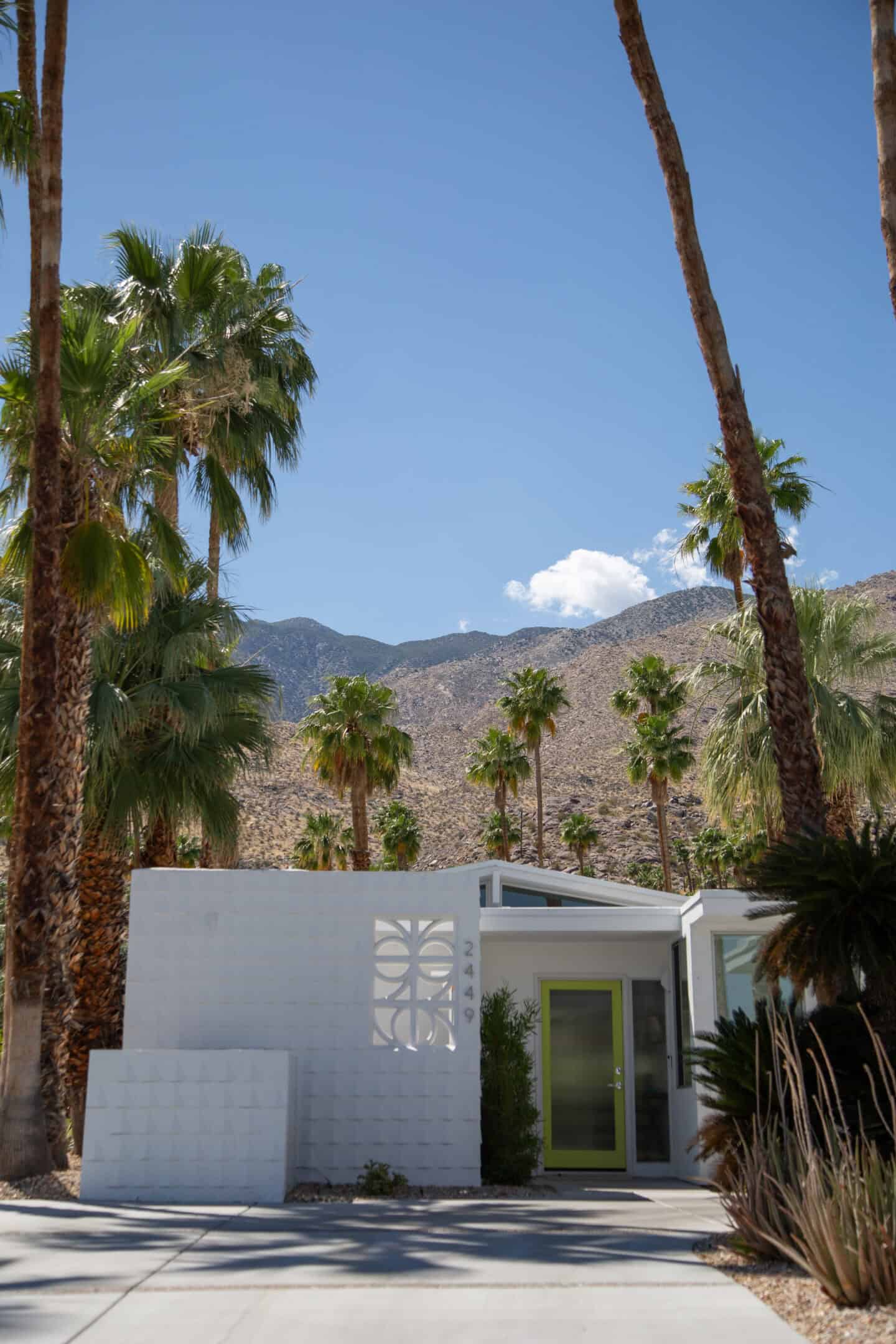 A white desert modern building with a green door, and palm trees and mountains behind it in Palm Springs, California.