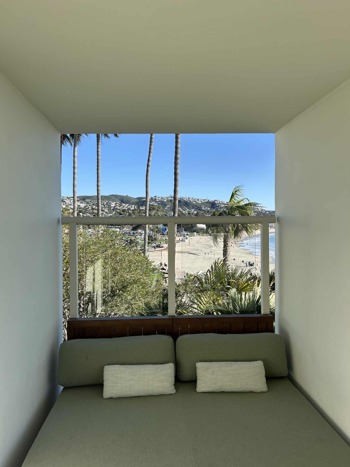 The view of Main Beach behind the balcony of a room in Casa Loma Beach Hotel in Laguna Beach.