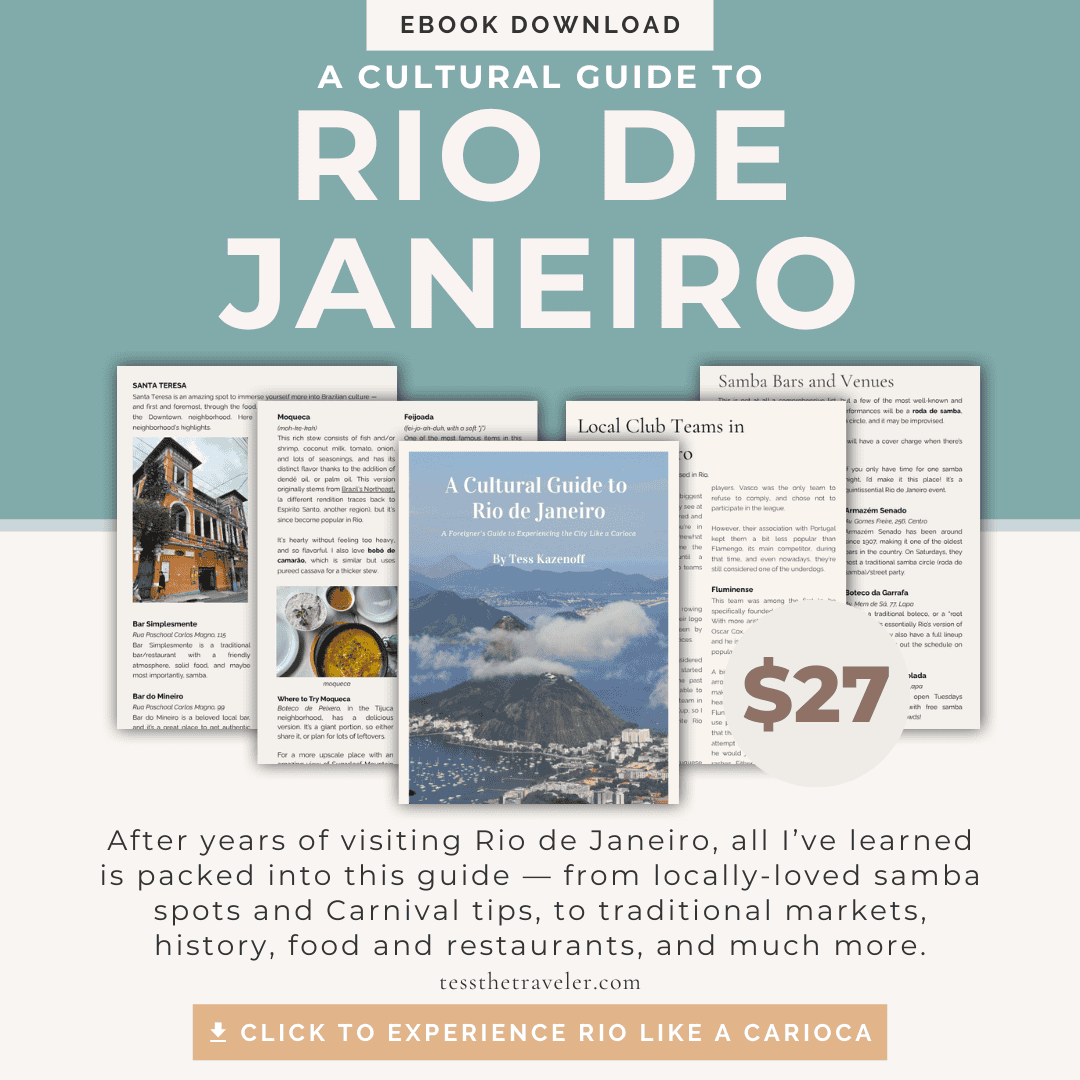 A graphic that reads "A Cultural Guide to Rio de Janeiro." Images from the ebook are n display, as well as the description: "After years of visiting Rio de Janeiro, all I've learned is packed into this guide — from locally-loved samba spots and Carnival tips, to traditional markets, history, food and restaurants, and much more." Text below that reads "click to experience Rio like a Carioca." The graphic also lists that the ebook is $27.