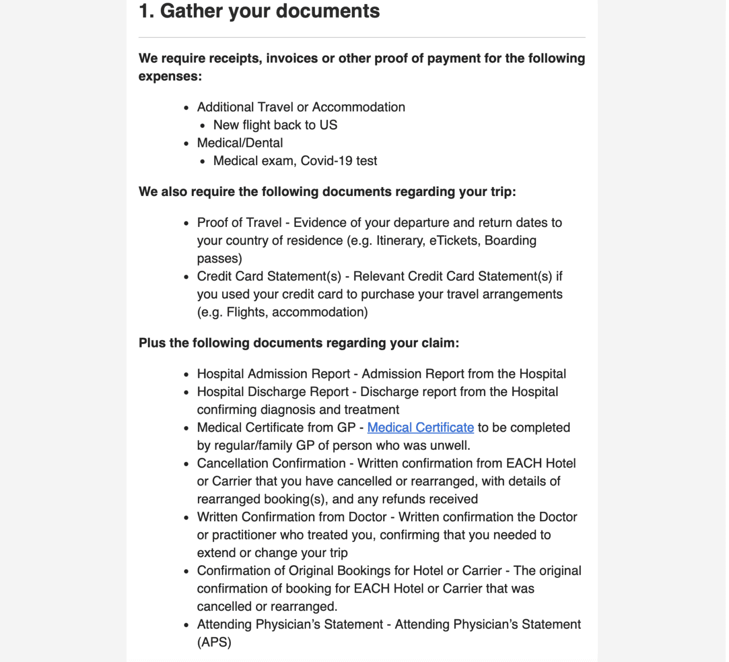 An email from World Nomads travel insurance listing all the documentation I had to provide after filing a claim due to getting covid while in Brazil.